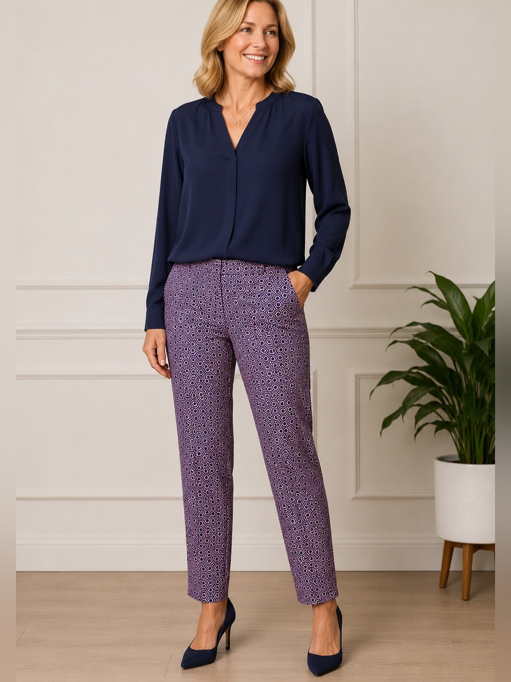 Laundry by Shelli Segal Pink & Navy Blue Hexagon Geometric Ankle Career Pants 6